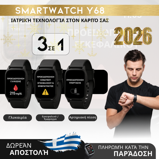 Πρωτοχρονιά | Smartwatch Y68 - Ιατρικός Παρακολουθητής 3 σε 1 (Γλυκόζη, Πίεση, Κίνδυνος Εγκεφαλικού) | Μενού στα Ελληνικά